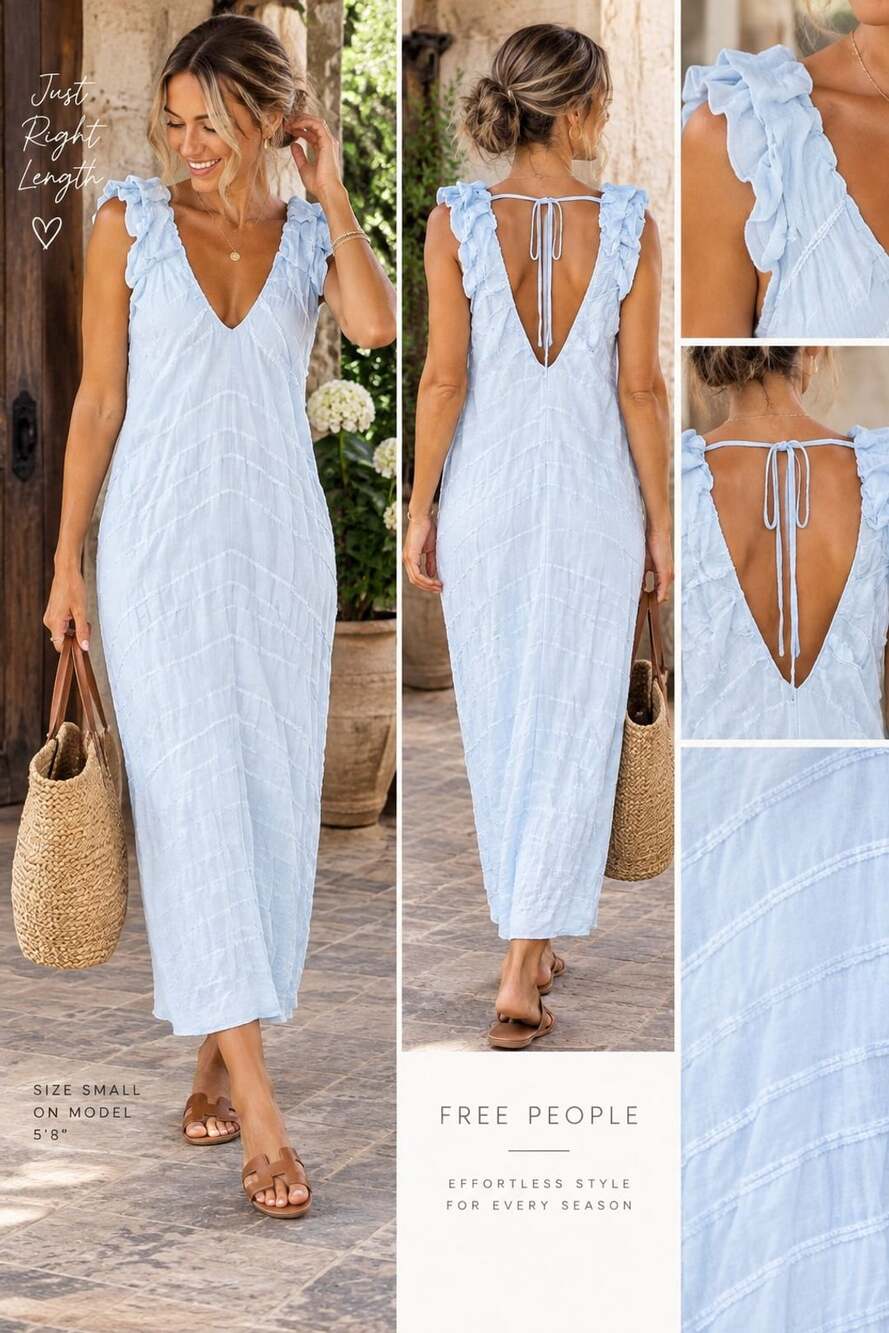 Free People Agatha Ruched Dress Size S Light Blue Midi